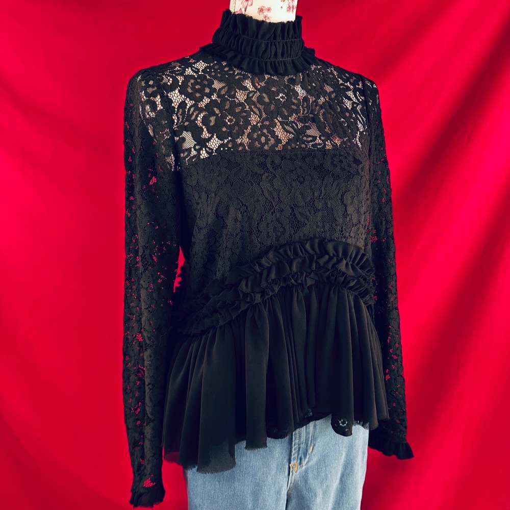 TUCKERNUCK Black Lace Ruffle Peplum Myla Top Mock Neck Long Sleeve Blouse XS - Picture 14 of 17